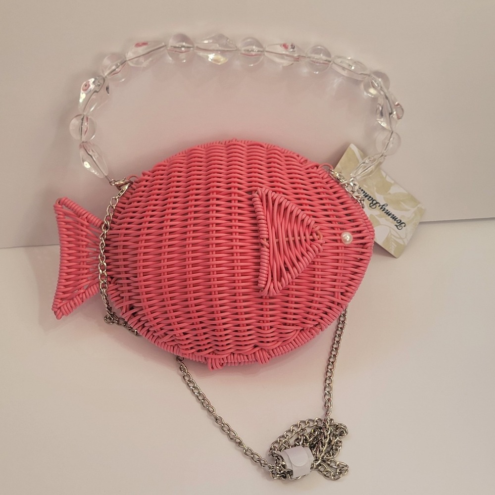 Tommy Bahama Woven Wicker Bag Pink Fish Convertible Crossbody Chain Strap Sealif